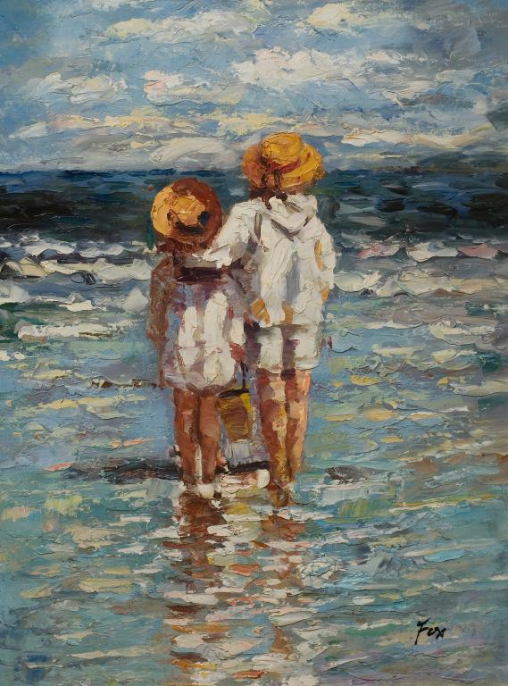 CHILDREN BY THE WATER S EDGE 20th CENTURY oil on