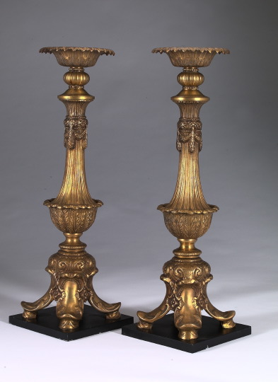 Monumental Pair of Attenuated Vasiform Italian Brass Pricket Candlesticks in