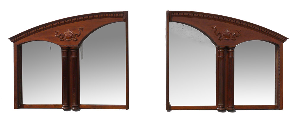 PAIR BACK BAR MIRRORS Mirror image pair with arched frames