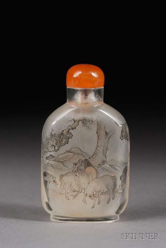 Interior Painted Snuff Bottle early 20th century design of horses