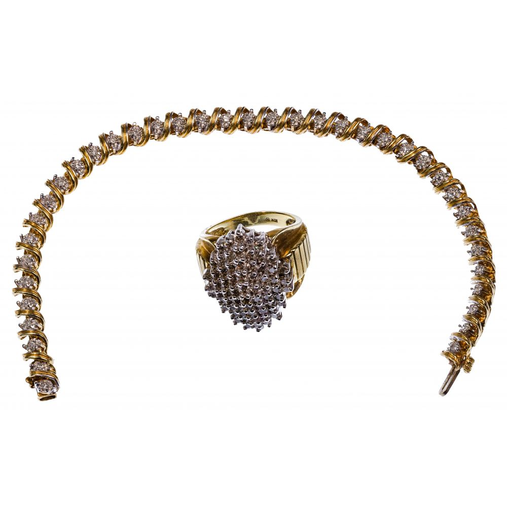10K YELLOW GOLD AND DIAMOND RING AND BRACELET 2 items