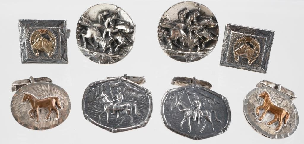 Four vintage pair of sterling silver equestrian cufflinks Round cufflinks
