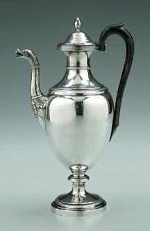 Continental silver teapot oval body leaf and dart borders swan
