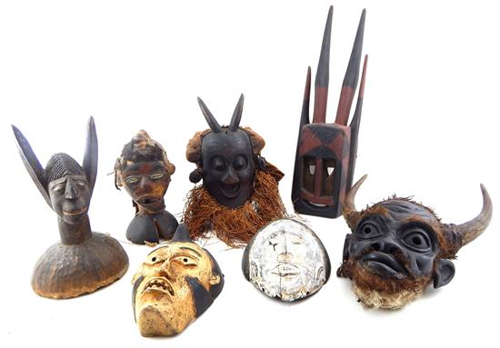 TRIBAL Seven carved African masks and carvings Salampasu headdress depicting