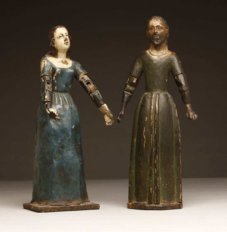 Two Spanish Colonial polychromed wood santos figures Two Spanish Colonial