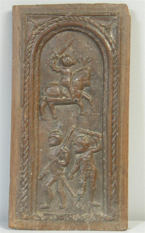 Carved oak relief panel circa 16th Century French depicting two