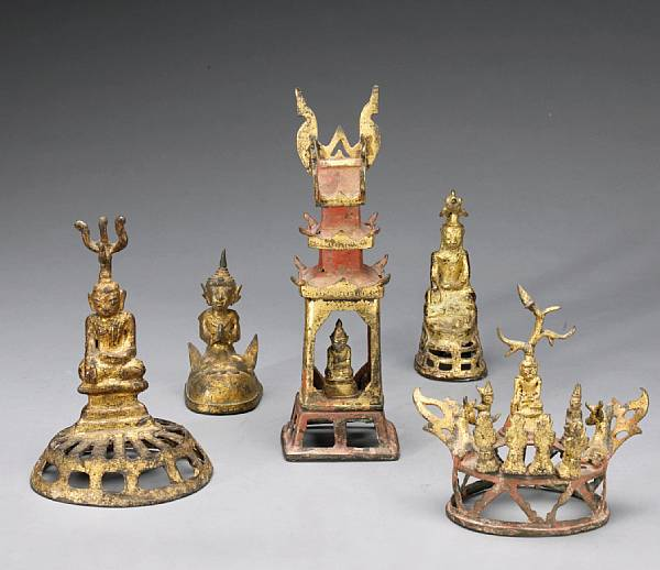 A group of five Burmo Thai gilt bronze sculptures 19th