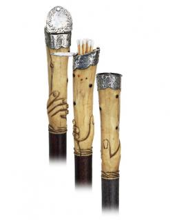 Silver and Bone Vesta Cane Ca 1880 Vertical handle fashioned