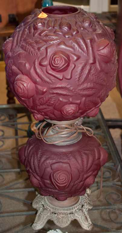 Victorian molded ruby glass lamp with rose relief decoration electrified