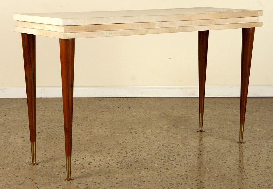 PARCHMENT COVERED STACKED TOP CONSOLE TABLE 1960 A modern parchment