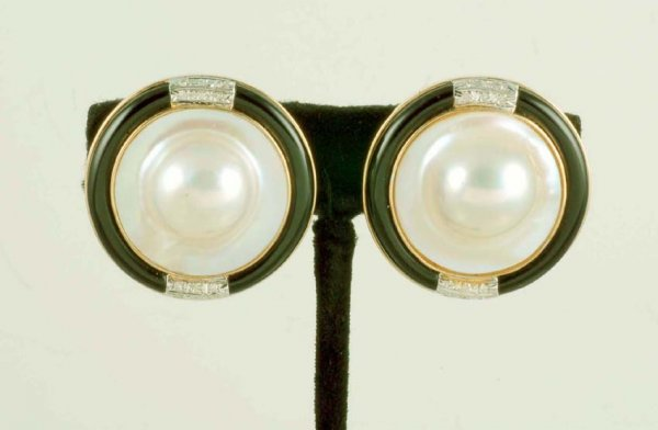 Blister pearl onyx and diamond earrings in marked 14K yellow