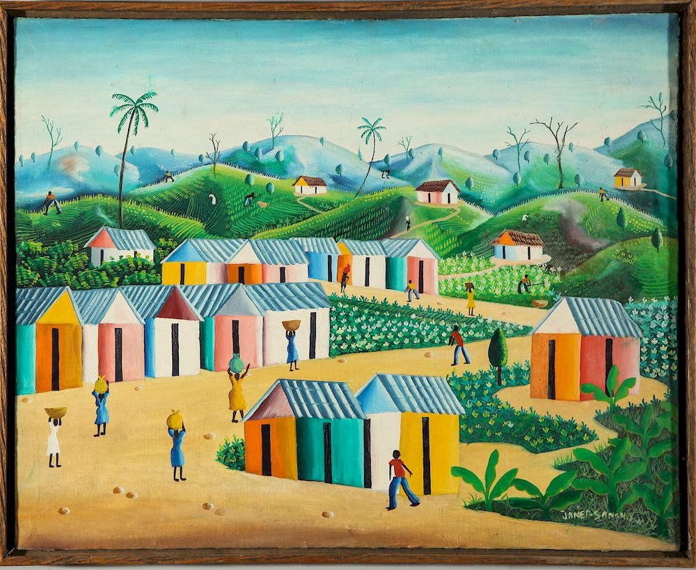 Janet Sanon Haitian Village Scene Oil on Canvas Janet Sanon