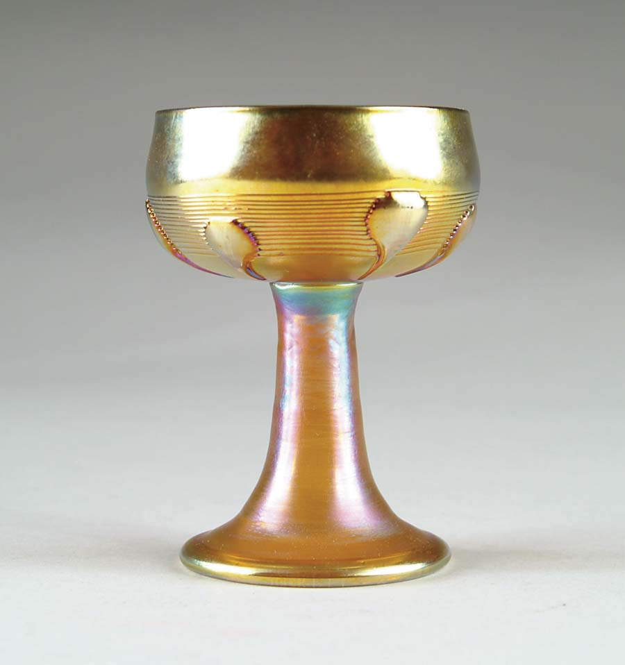 TIFFANY DECORATED CHALICE Highly unusual chalice of gold Favrile glass