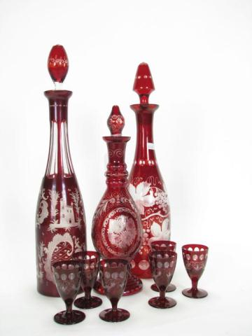 Bohemian Ruby cut to clear Decanters and Cordials including six