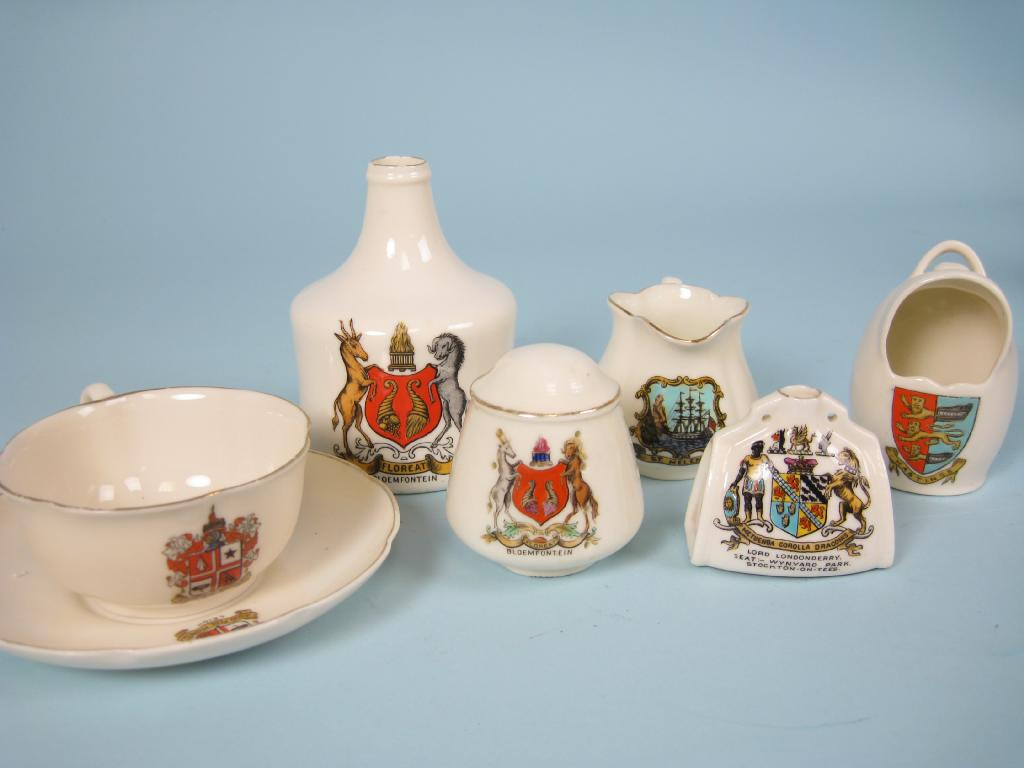 Six items of Goss crested china Cup and Saucer with