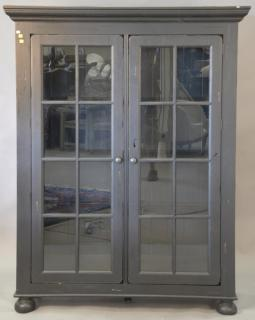 Contemporary two door cabinet with glass doors and wood shelves