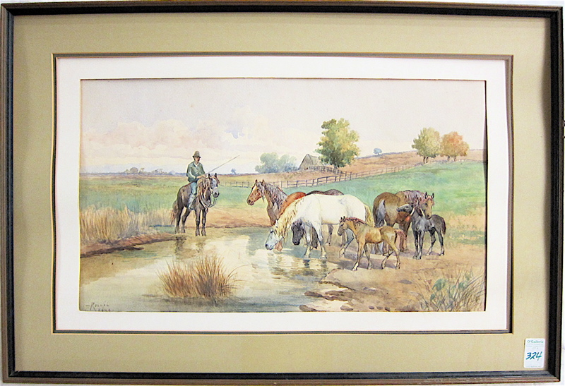 EQUESTRIAN PENCIL DRAWING AND WATERCOLOR Rome Italy farmer and farm