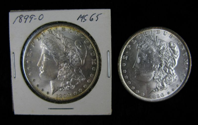 Two Gem BU Morgan Silver Dollars 1890 with lustrous surfaces