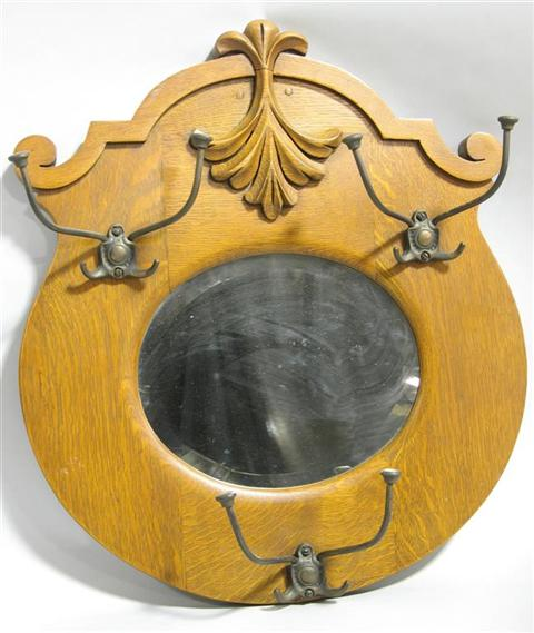 VICTORIAN OAK HANGING COAT RACK WITH MIRROR The carved crest