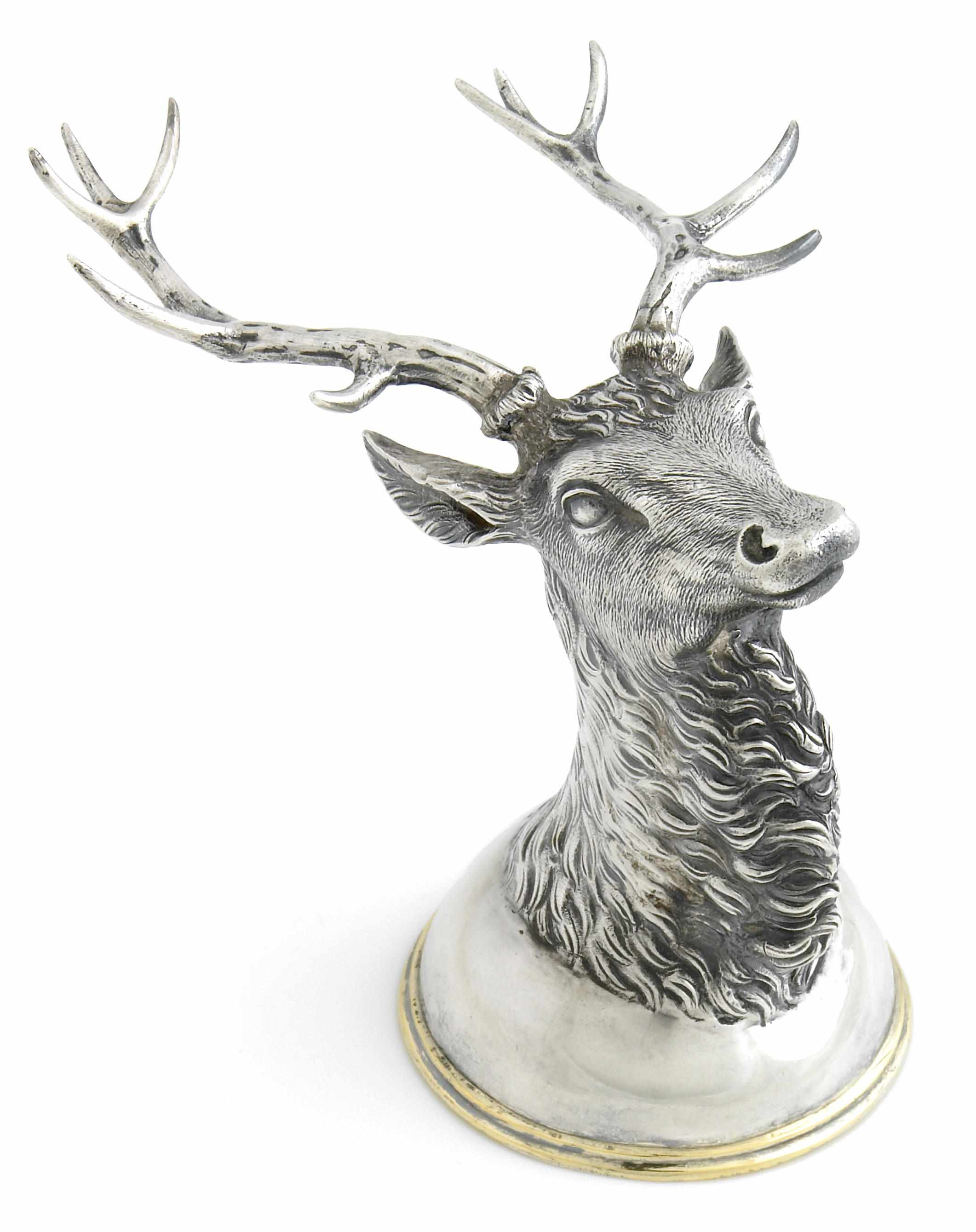 A Russian 84 standard silver stirrup cup as a stag