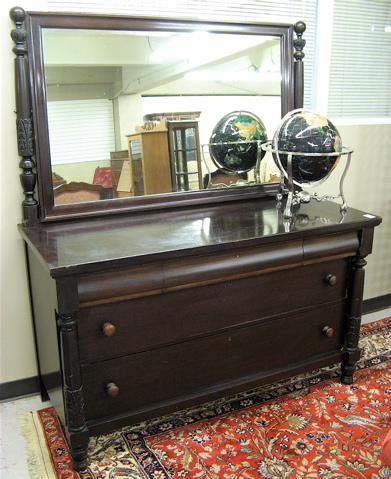 MAHOGANY DRESSER WITH ATTACHED TILT MIRROR American Empire Revival design