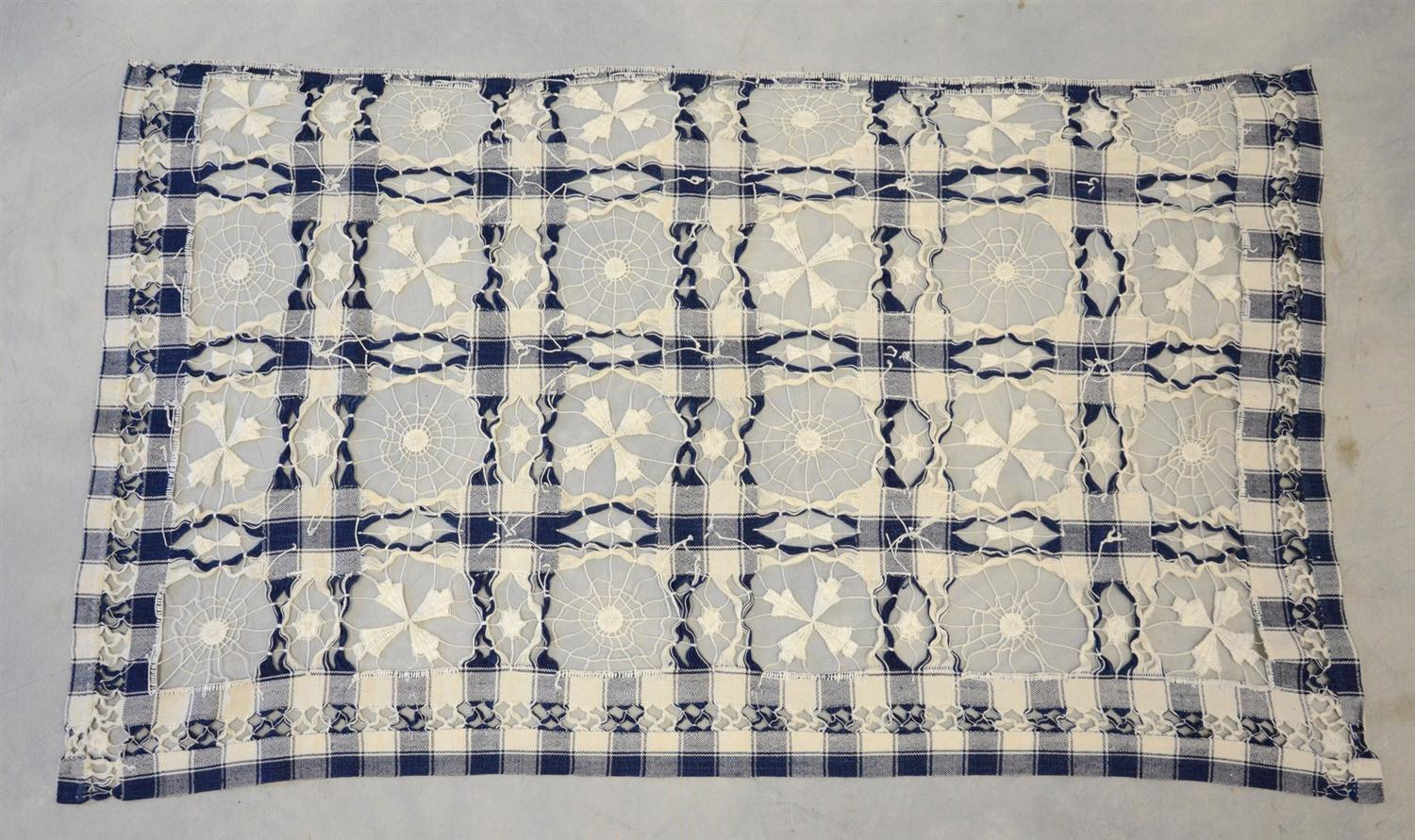 Openwork blue white linen homespun runner with embroidery c 1860