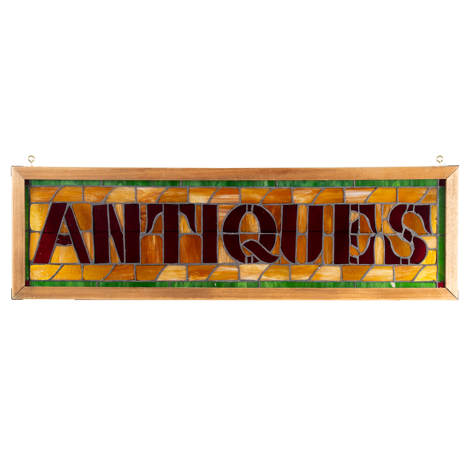 LEADED GLASS ANTIQUES SIGN PANEL 20th century rectangular panel in