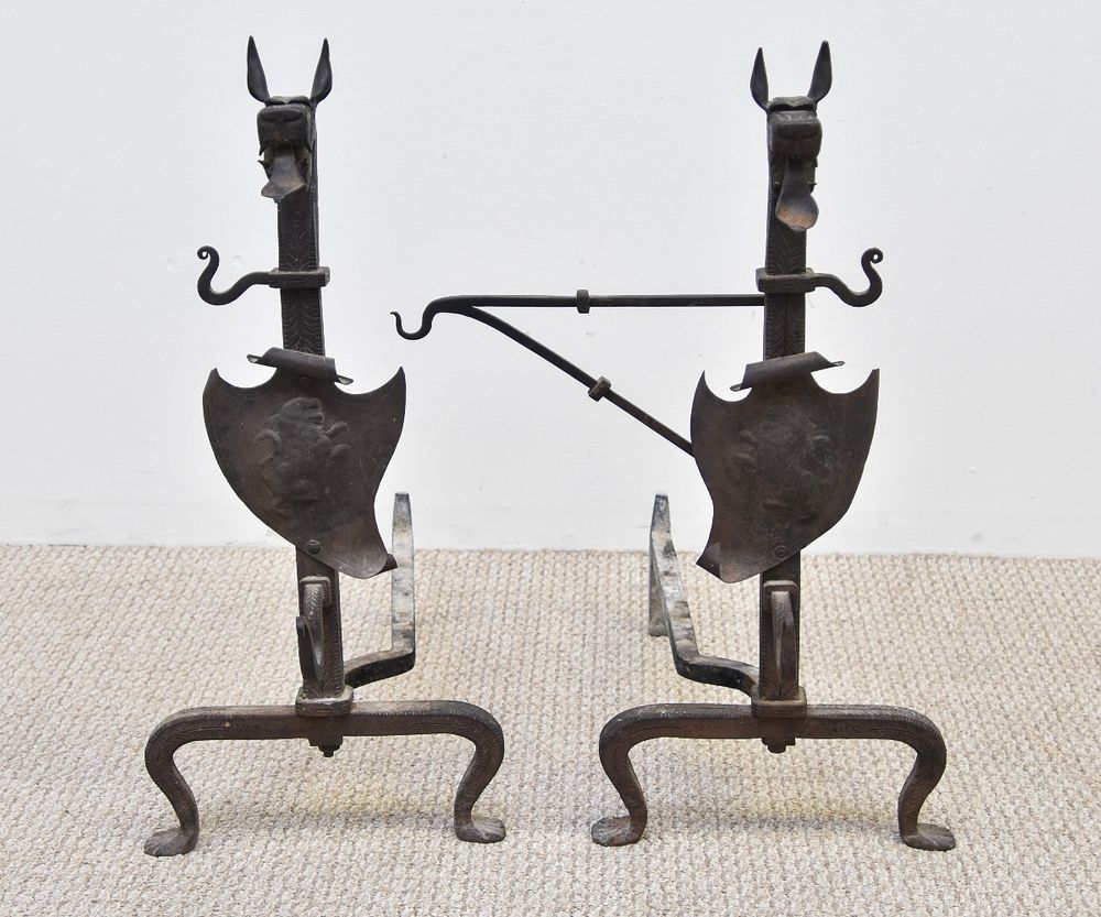 Pair of Wrought Iron Dragon Form Andirons Large pair of