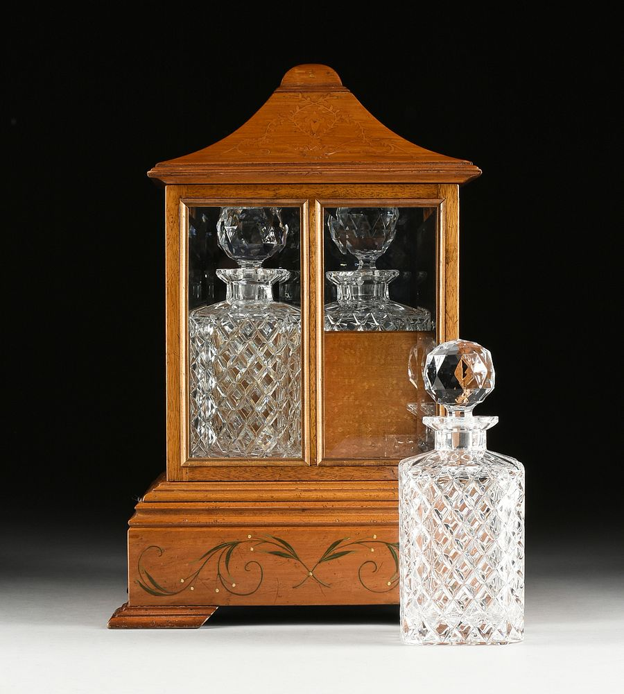 AN EDWARDIAN STYLE MARQUETRY INLAID AND PAINTED SATINWOOD FOUR BOTTLE