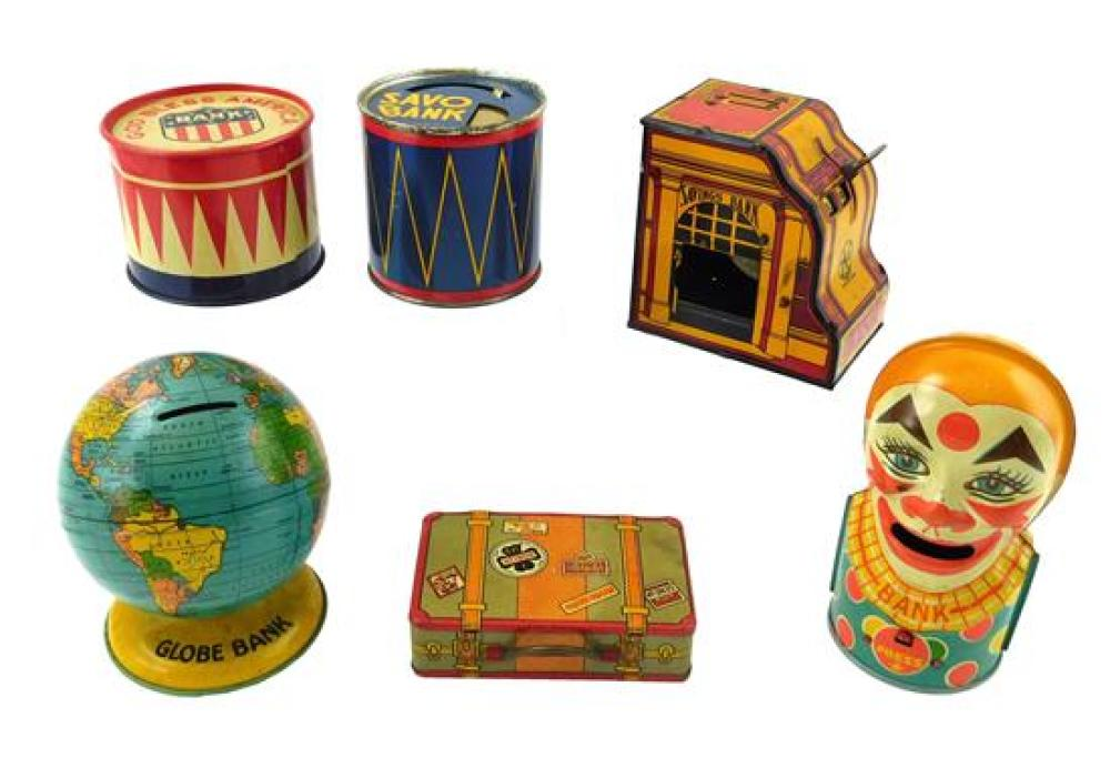 Six tin mechanical and still banks with polychrome lithograph decoration