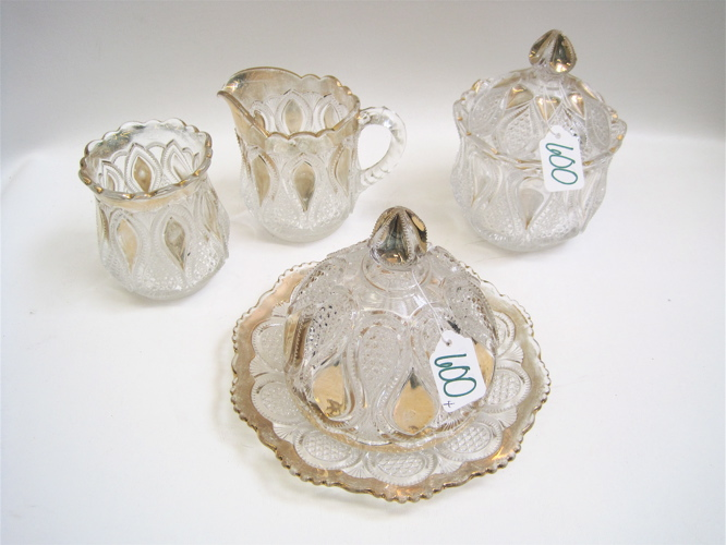 FOUR PIECE PATTERNED GLASS SERVING SET clear with gold painted