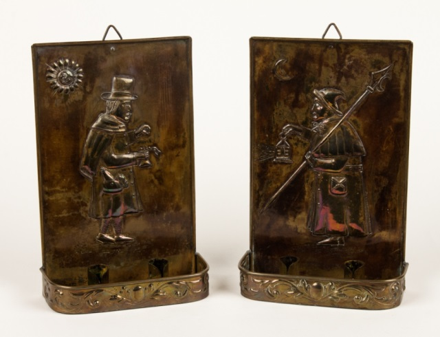 Pair of Dutch brass two light wall sconces early 20th