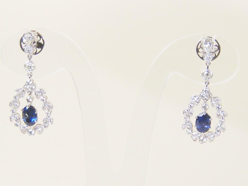 Pair of sapphire and diamond Ear Pendants each with oval