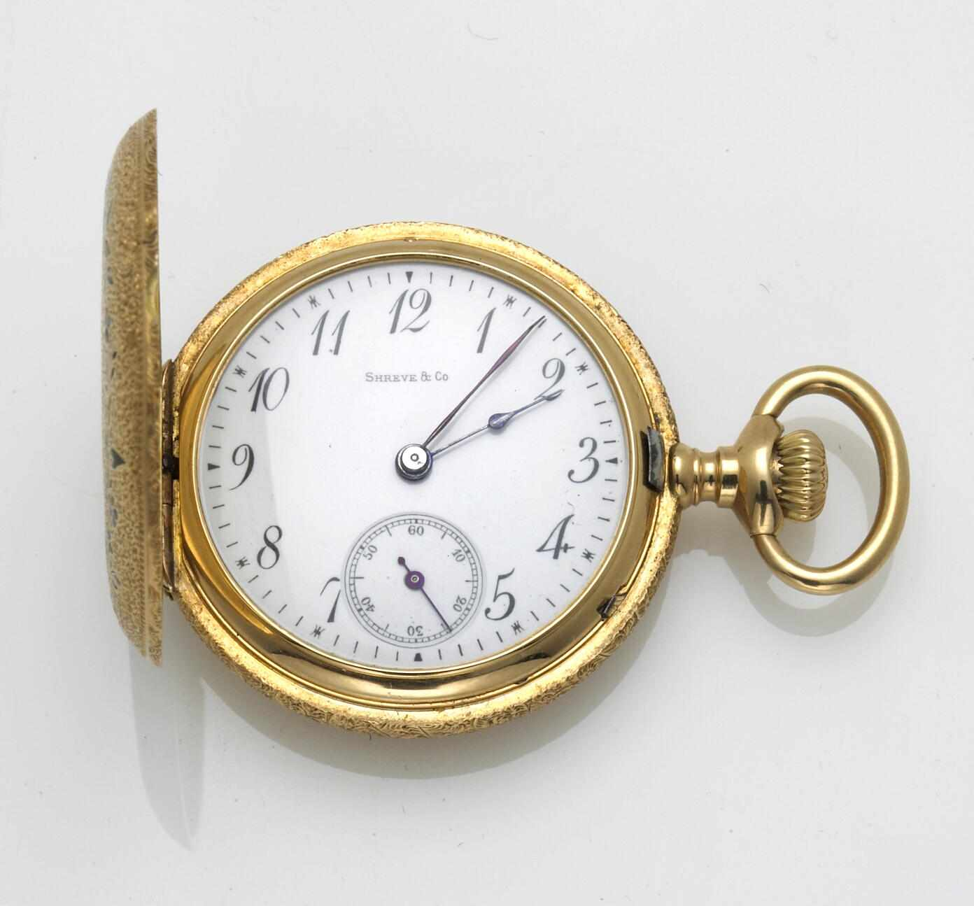 An enamel and eighteen karat gold pocketwatch Shreve Co case