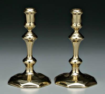 Pair 18th century brass candlesticks cylindrical sockets above baluster posts