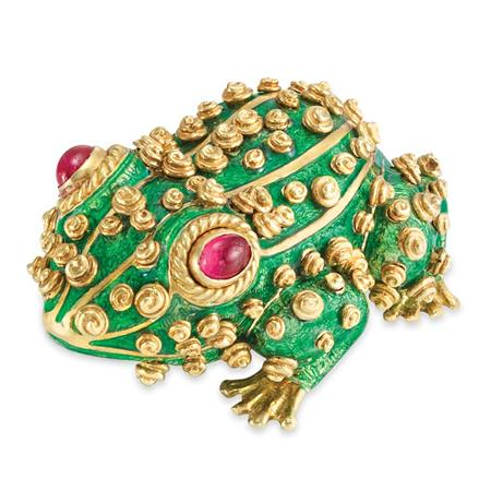 Gold Green Enamel and Cabochon Ruby Frog Clip Brooch David