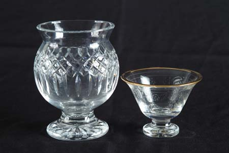 TWO WATERFORD CLEAR GLASS PIECES 6 1 2 bulbous footed