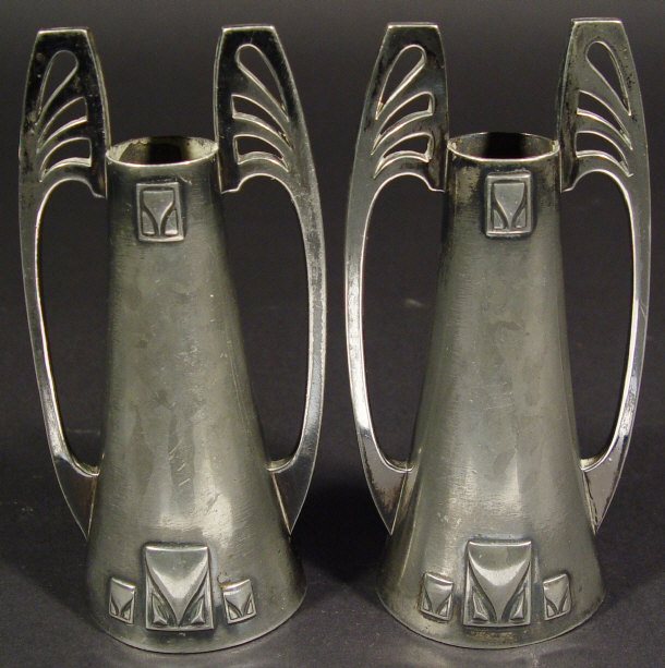 Pair of WMF Art Deco silver plated vases with cast