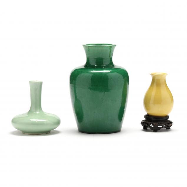 THREE CHINESE MONOCHROME GLAZED VASES 20th century single color glazed