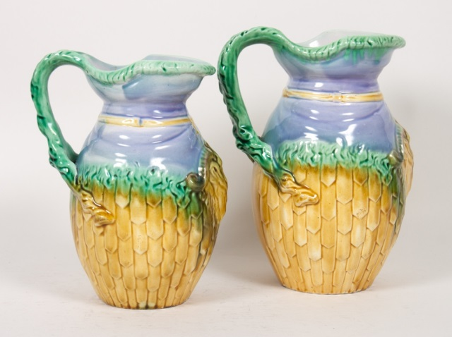 Two English majolica graduated jugs late 19th century possibly Fielding