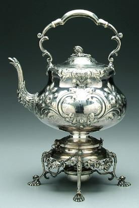 Silver plated hot water kettle round bulbous body swan 39