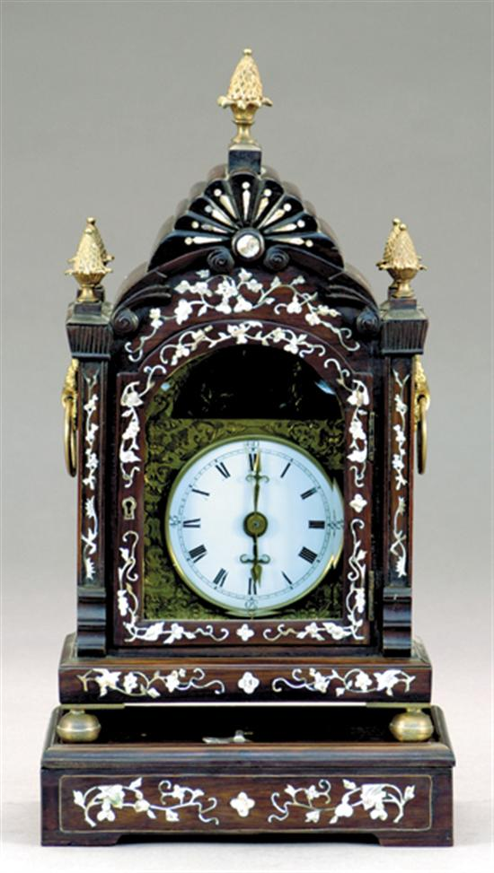 Chinese inlaid rosewood bracket clock circa 1900molded arch top with