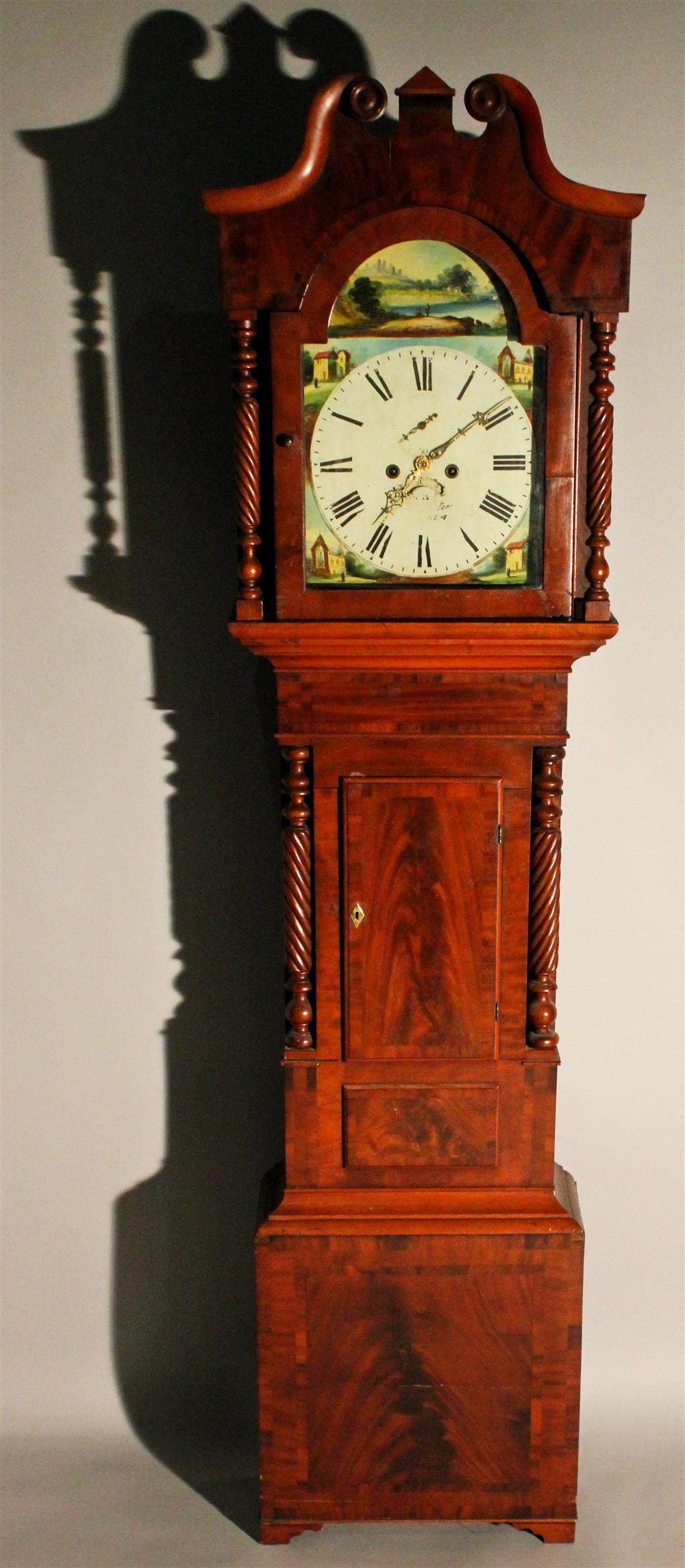 SCOTTISH MAHOGANY PAINTED DIAL LONGCASE CLOCK the break arch dial