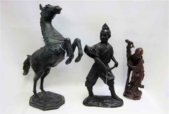 THREE COLLECTIBLE SCULPTURES bronze Samurai holding sword in both hands