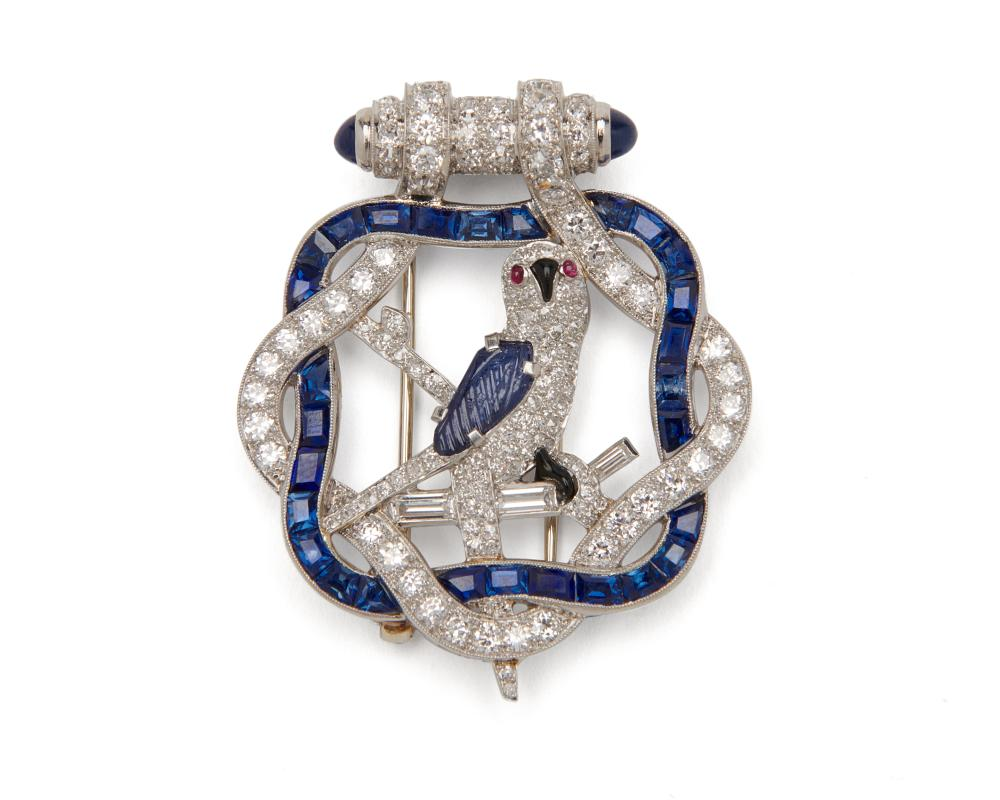 Platinum Sapphire Diamond Onyx and Ruby Parrot Brooch ca 1930
