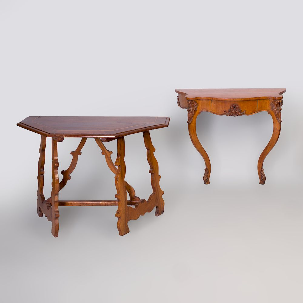 German Rococo Style Fruitwood Console Table and an Italian Baroque