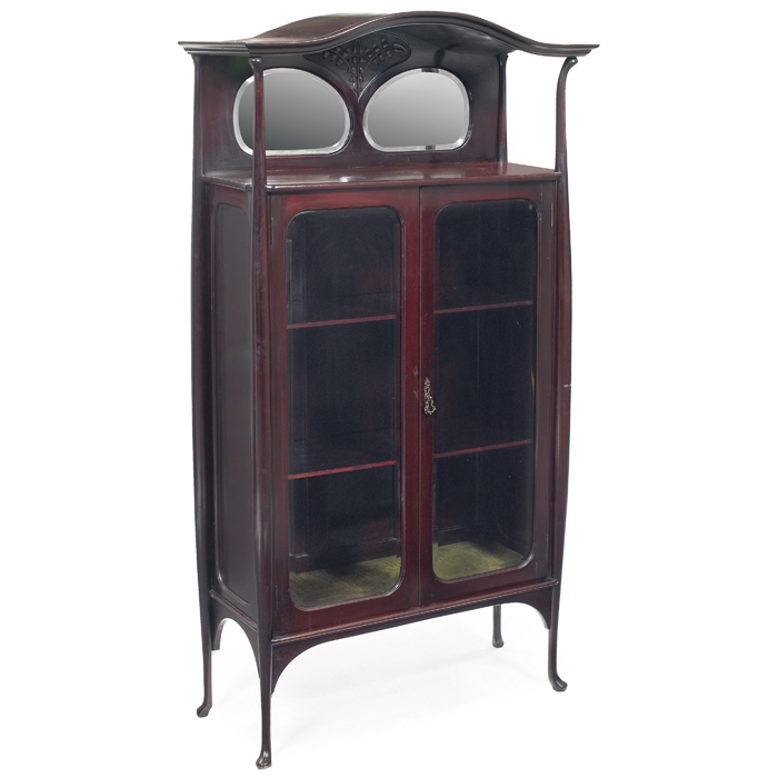 French Art Nouveau vitrine mahogany two beveled glass doors under