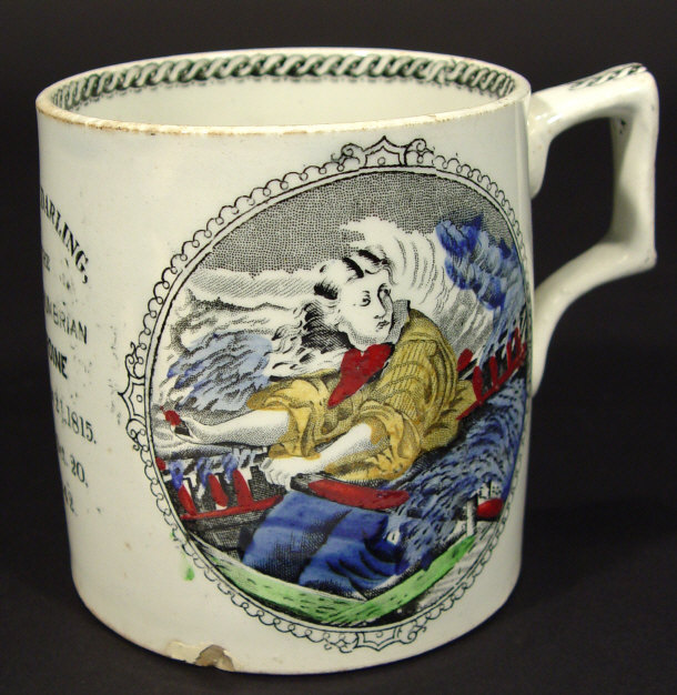 19th century pottery tankard hand coloured and transfer printed with