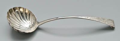 Irish silver ladle round shell form bowl rounded handle tip