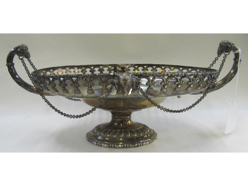 Pair of silver plated comports with ram s head mounts